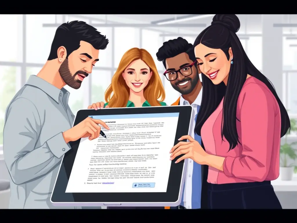 An illustration depicting team members collaborating on a document in real-time, with annotations and version control features highlighted.