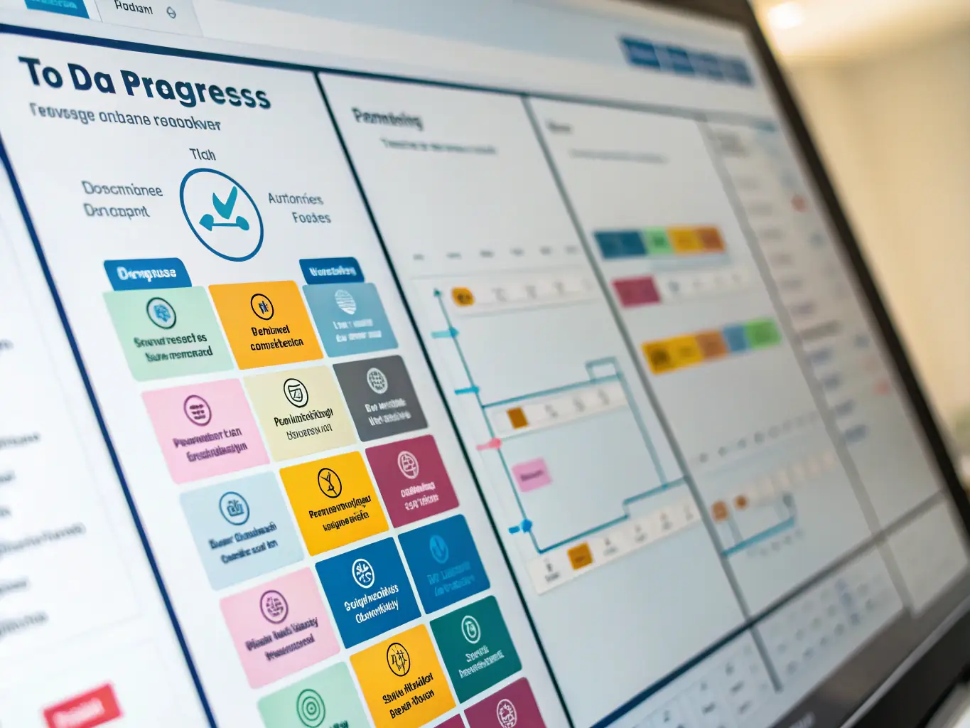 A screenshot of the app's task management interface, showcasing a Kanban board with tasks assigned to different team members, deadlines, and progress indicators.